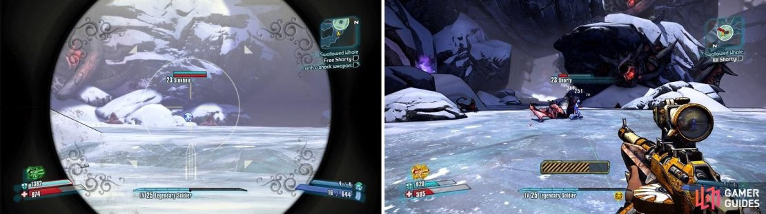 It’s easy to tell where Sinkhole is located because of Shorty glowing in its belly (left). Kill Sinkhole to free Shorty, then proceed to kill Shorty (right).