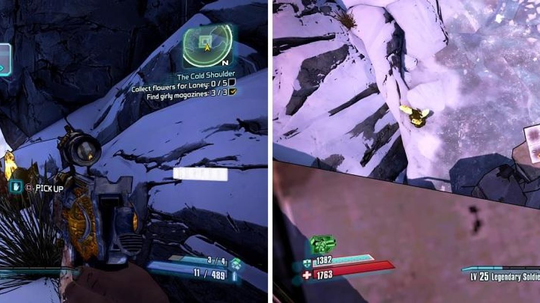 The “flowers” you need to gather look more like plants (left). The one slice of pizza will require you to jump down to the ledge with it (right).