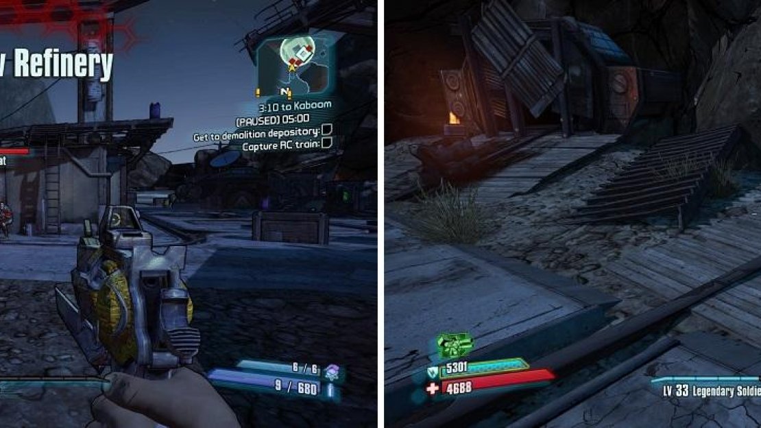 Clear the area of enemies first (left). Quickly press the switch to close the door before the car arrives (right).