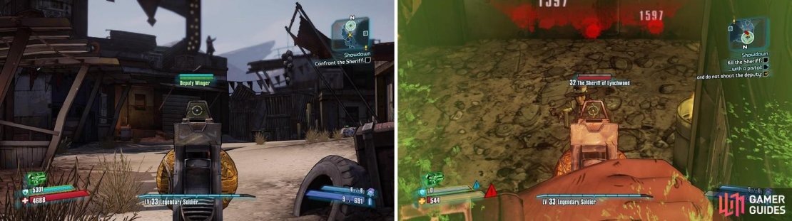 The Deputy starts out as neutral (left). Try and coax the Sheriff to come down from her rooftop (right) to make it easier on yourself.
