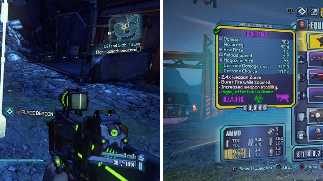 You might want to be careful on where you place the Goliath beacon (left). Bring along a corrosive weapon, since you’re fighting Loaders (right).
