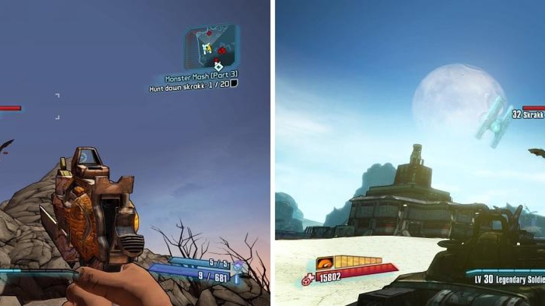 While it’s nice to kill the Skrakks on foot (left) for the full experience, it will be easier to do it in a vehicle (right).