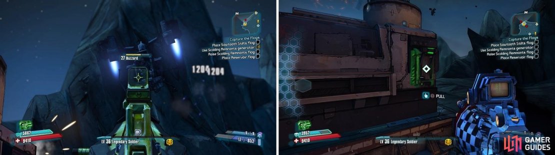 You&rsquo;ll have to defend each generator from numerous enemies (left). If they destroy it, you just have to pull the switch again (right).