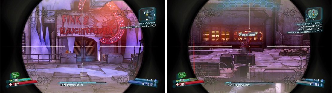 The entrance to Fink’s Slaughterhouse (left). Badass enemies are a big problem during the battles (right).