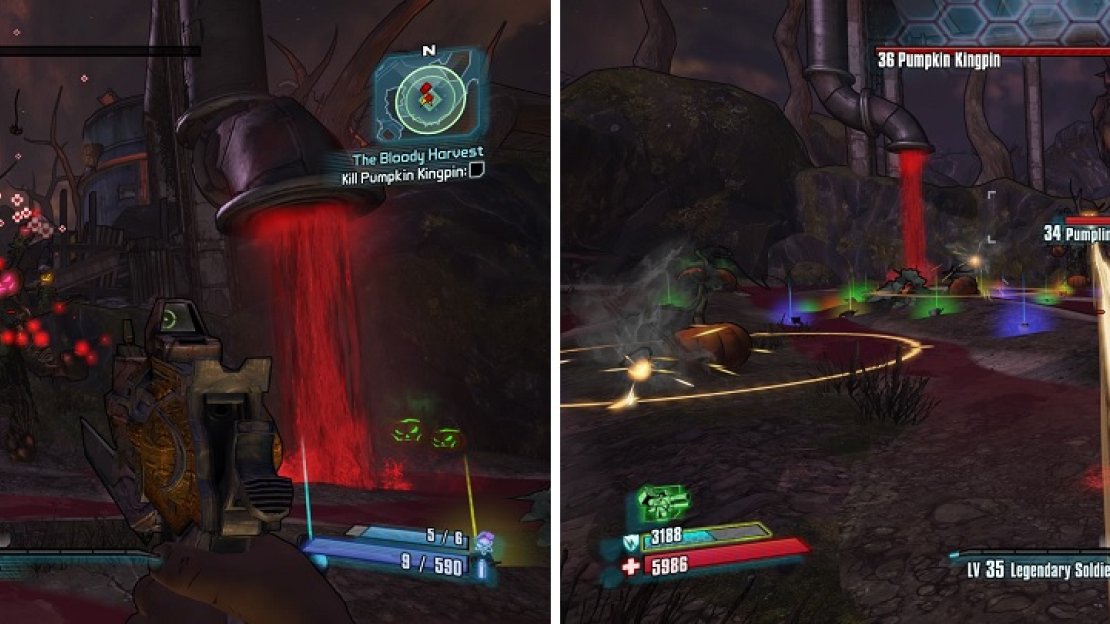 Shoot the Pumplings off Kingpin’s shoulders to negate his health regenerating (left). His laser attack can do a lot of damage (right).