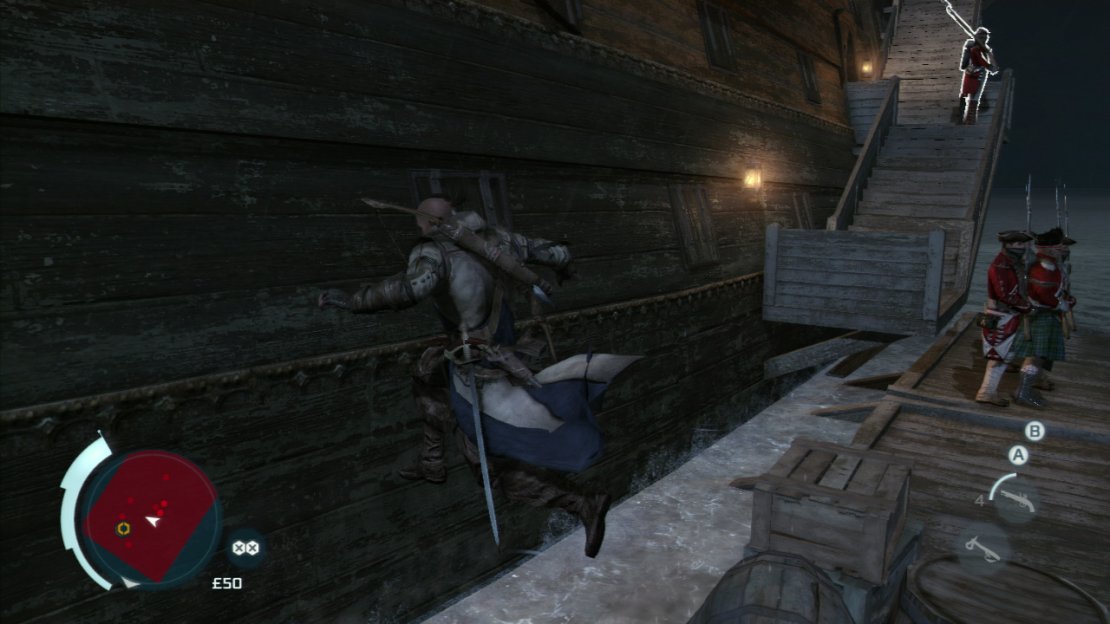 Jump into the water below and swim to the right around the back side of the ship until you reach the opposite side. You will see a platform in the water here populated with three guards with stairs leading up to the ship behind it.  Wait for the soldier on the stairs to start climbing up to the deck again. Hop out onto the barrels at the end of the floating platform behind the three guards and then jump over to the side of the ship. Quickly shimmy back to the left to the stern of the ship.