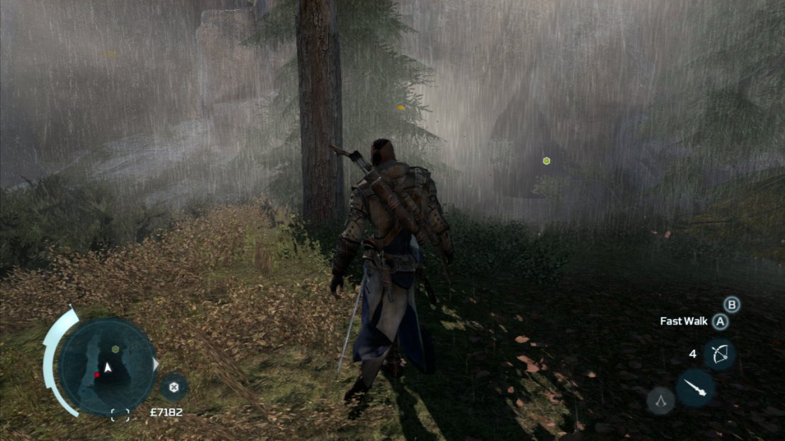Make your way through the cave and you’ll see a couple of dead bodies. When you reach the large room with the bushes on the right, an indicator will appear here. Backtrack down towards the exit and pick up the body here, carry it back to the main room ad drop it where indicated. Hide in the bush nearby until the bear enters the room. Exit the bush and kill the bear. You’ll need to undertake seven button prompts as they appear on the screen, as opposed to the normal four when taking down a bear. When its dead, skin it and return to the hunting lodge.