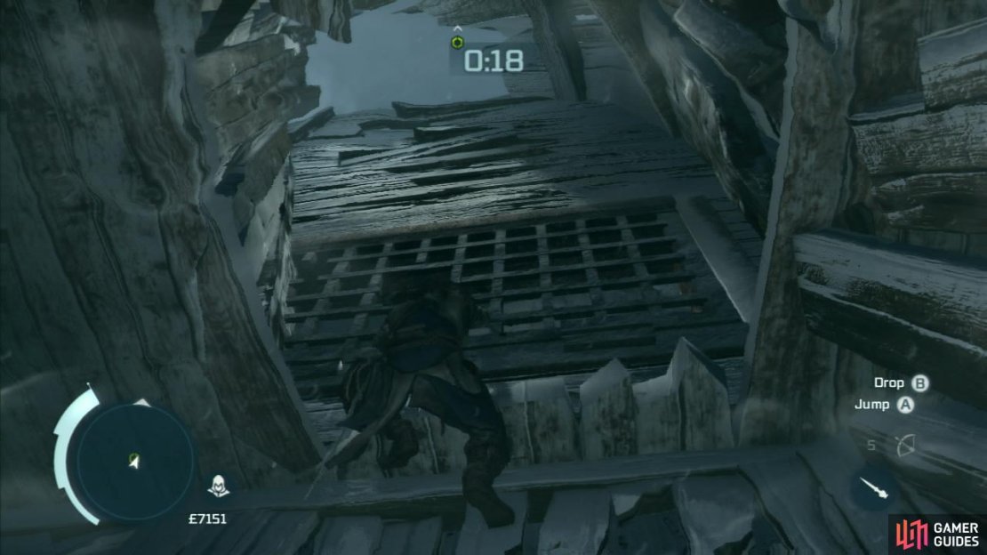 When we regain control, continue straight ahead and around the corner to the left. As you reach the ladder at the end of the corridor, the floor will fall away beneath you. After connor stands up again, Jump across the gaps in front and climb the wall at the end of the room. At the top, turn around and use the handholds on the roof to make your way over to the far wall. Climb this until you can go no further and then jump backwards to the higher platform. Again hop over the gap and climb the wall at the far end of the hallway. Shimmy across to the doorframe to the right and then onto the wall on the other side of the door. Climb up and above the door we just entered from and continue up the wall towards the sunlight until a scene plays to complete the mission.