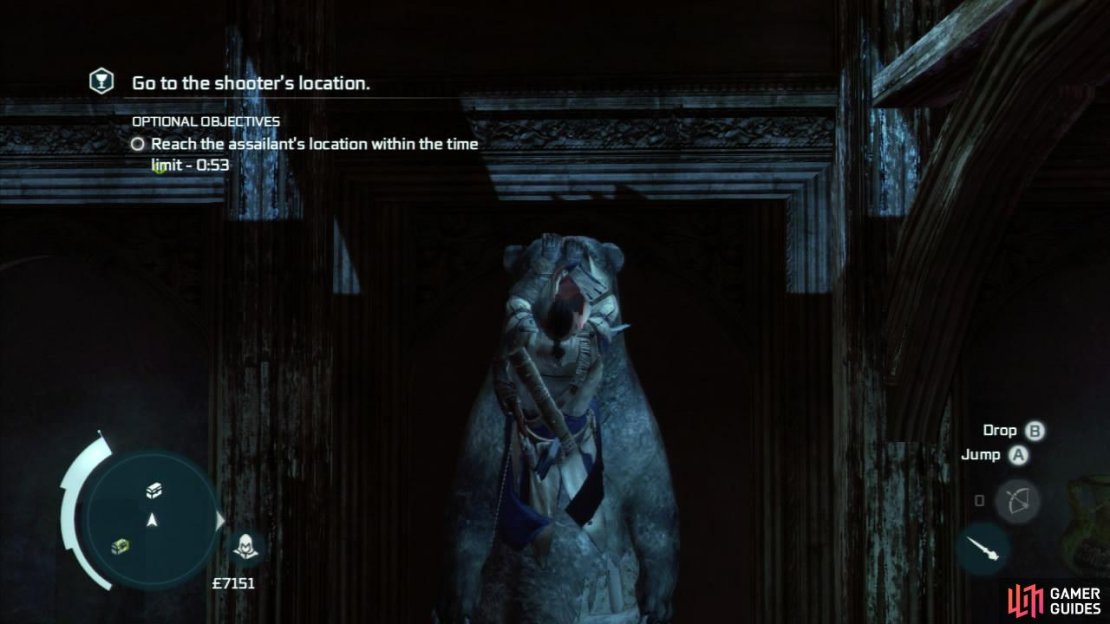 A time limit will now become active - this is related to one of the optional objectives. We have 1 minute to reach the balcony above. Run over and climb up the stuffed bear on the right side of the room. From his head, jump to the beams on the right and hop across until you reach the balcony area opposite the target balcony. On this balcony, you will see a ramp. Climb up this and jump across to the tusks ahead and again to the chandelier. Shimmy to the right, climb to the top of the light and jump backwards to the next chandelier. Climb this all the way to the top to reach the beam above. From here jump to the beam holding the previous chandelier and from this beam jump towards the balcony to grab a metal pole Connor will use to swing up to the target location. Hop up and enter the broken diplay window and enter the room behind it, investigate the clue here before returning to the balcony. Investigate the mask to the right of the broken display case we just climbed through and a scene will play. head over to the cabinet indicated and interact with it. In the next room, climb the organ to the floor above. Work your way across the beams to the far side of the room (there is also a chest in the room below if you are interested). follow the beam into the next area, Drop into the room at the end. Enter the small, low passage to the right of the desk and interact with the wall at the far end for a scene.