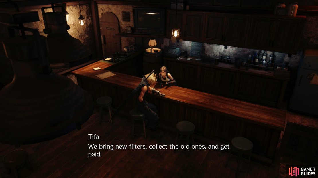 Tifa will convince a reluctant Cloud to help her sell some filters to raise money.