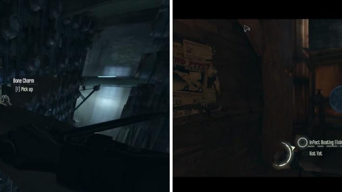 Don’t forget to grab the Bone Charm sitting on the rafter in the room with all of the barrels (left). Turn the valve to be given a choice on whether to infect the distillery or not (right).