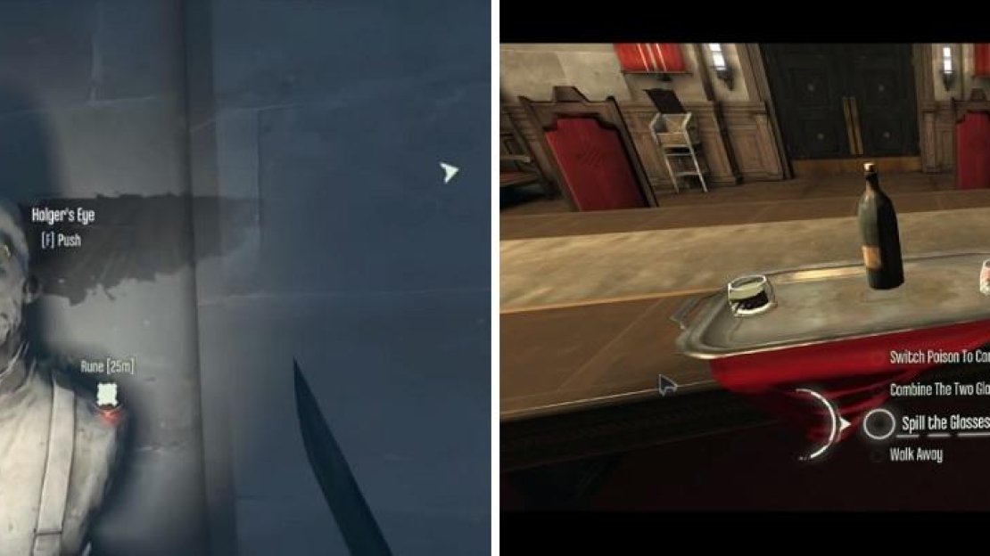 Interact with the bust on the wall (left) to open a door to Campbell’s Secret Chamber. Choose to spill both drinks (right) to make both Curnow and Campbell go to said chamber for the non-lethal method.
