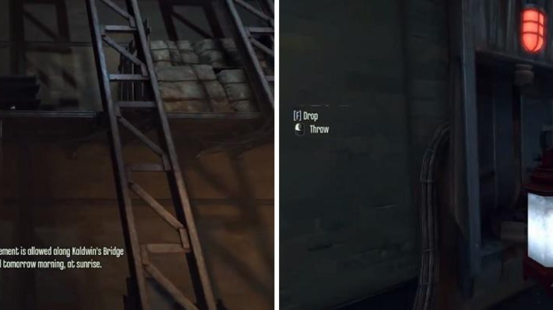 Get onto the second level and grab a whale oil tank (left), then place it in the receptacle to open the metal gate (right).