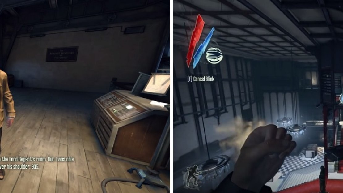 The Propaganda Officer at the top of the Broadcast Tower will tell you the combination (left) to the Lord Regent’s safe. Burrows’ chambers can be accessed by Blinking to the balcony pictured on the right).