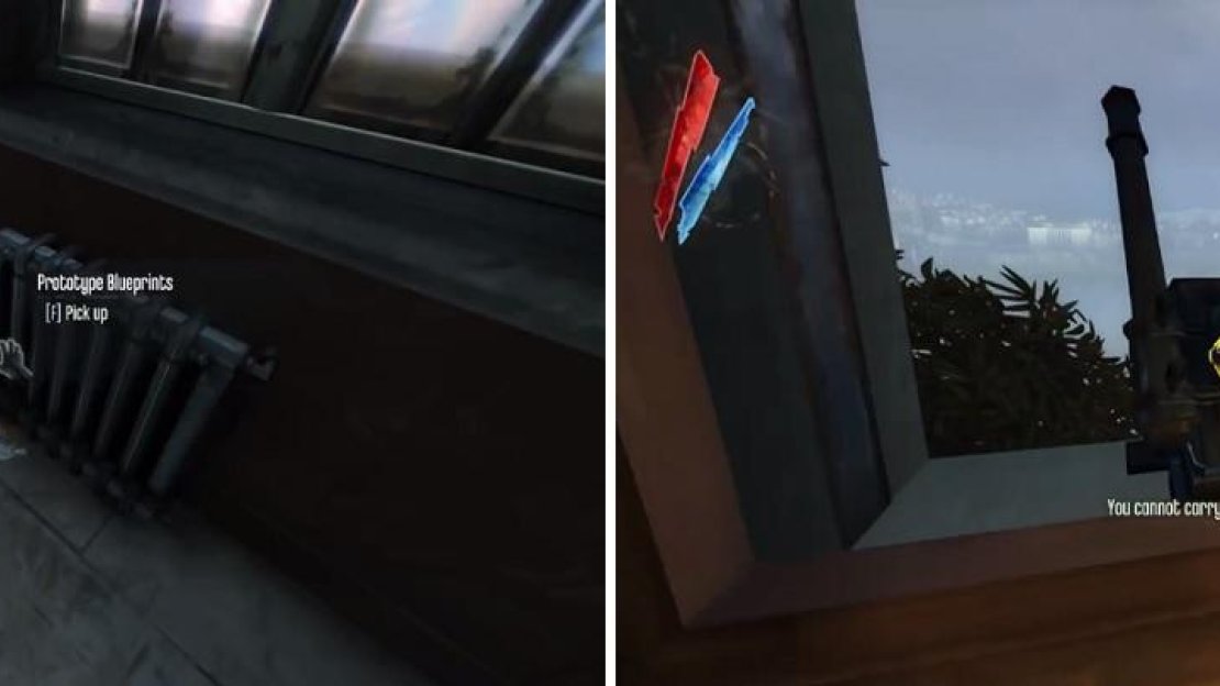 The blueprint for the prototype is in a trashcan on the second floor of the pub (left). You’ll need to use the contraption to signal Samuel (right) in Emily’s tower.