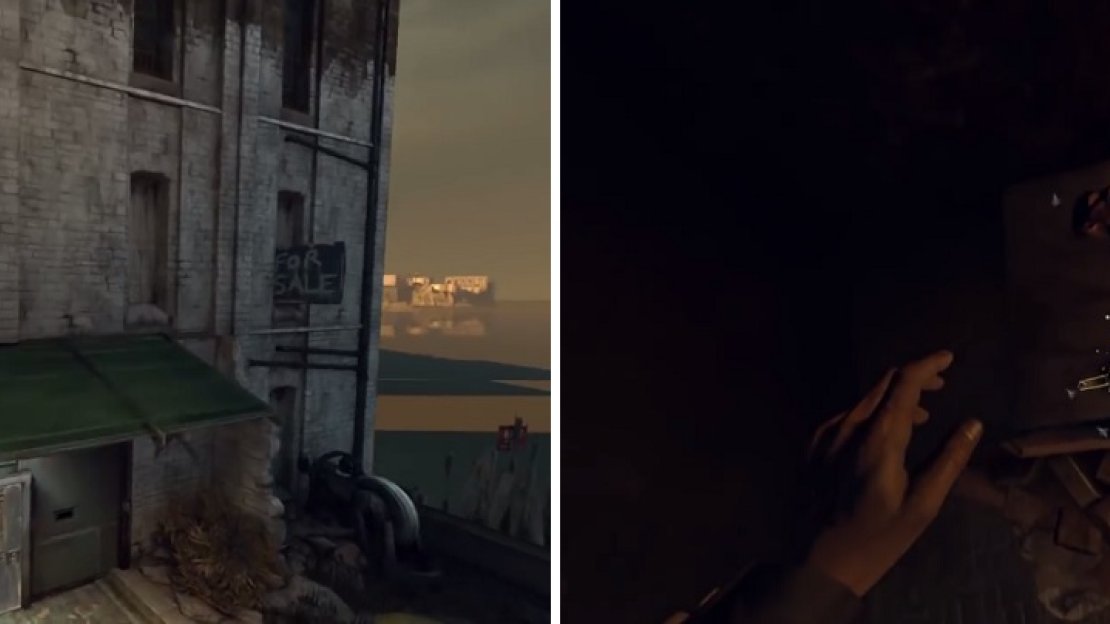 Jump onto the awning before going into the door (left) and go inside the nearby building. At the bottom, you’ll find the Bone Charm next to a corpse (right).