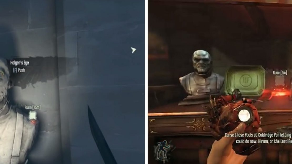 Find the stairs leading down to see a bust on a wall that allows you to access a hidden room (left), where you’ll find the Rune in a glass case (right).