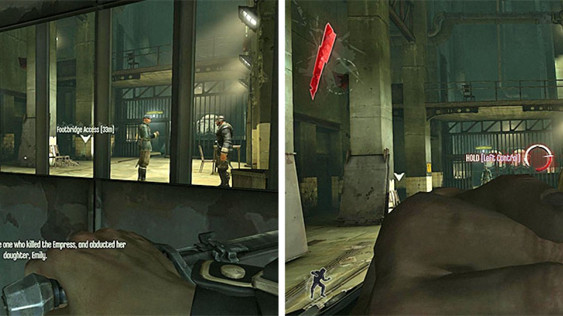 The first room will have three guards, but if you act quickly, you can grab the one near the doorway without alerting the other two.