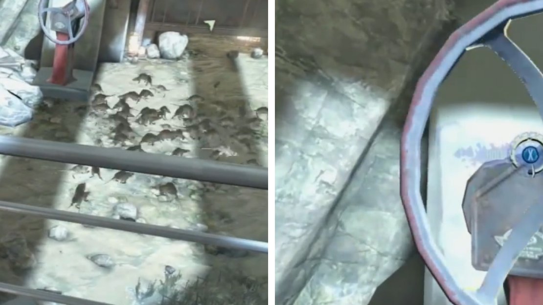 The rats in this area will not leave the wheel, but you can throw the dead bodies being dumped into the hole to distract them long enough to turn the wheel.