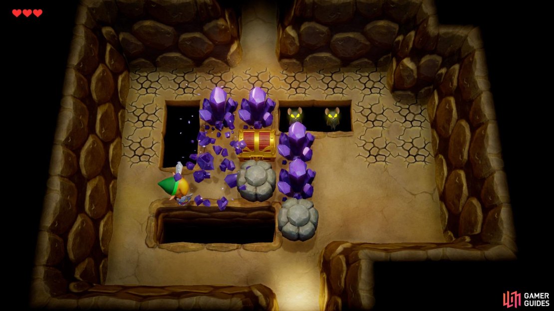 Enter the cave and destroy the crystals in the middle of the room,