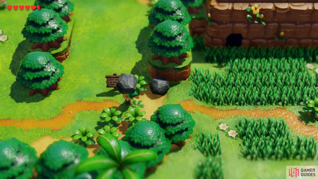Follow the path east of the store and remove the stones to get past, 