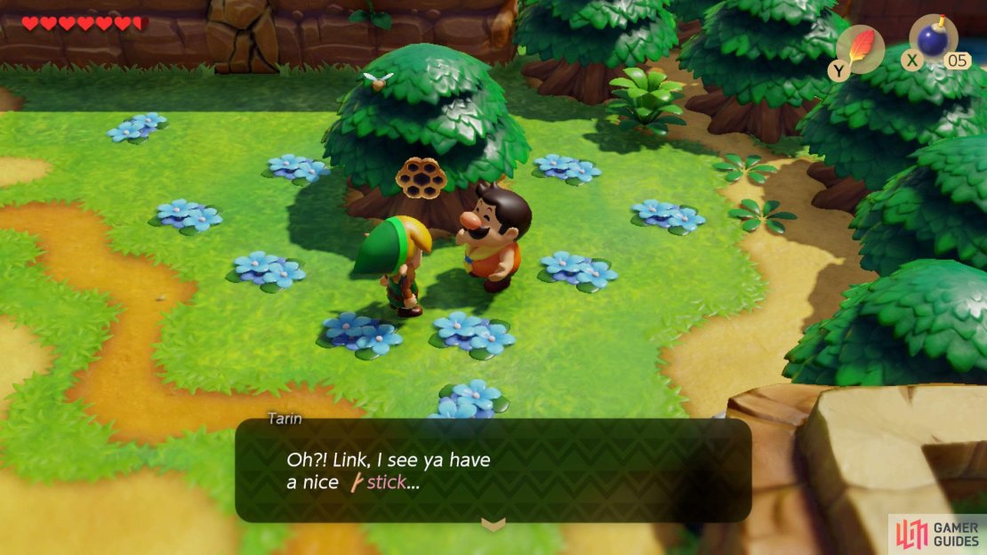 Speak with Tarin and give him your stick,