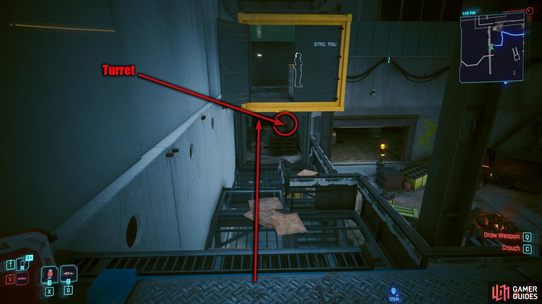 Go forward, disabling the turret in the bottom container, and head into the building.