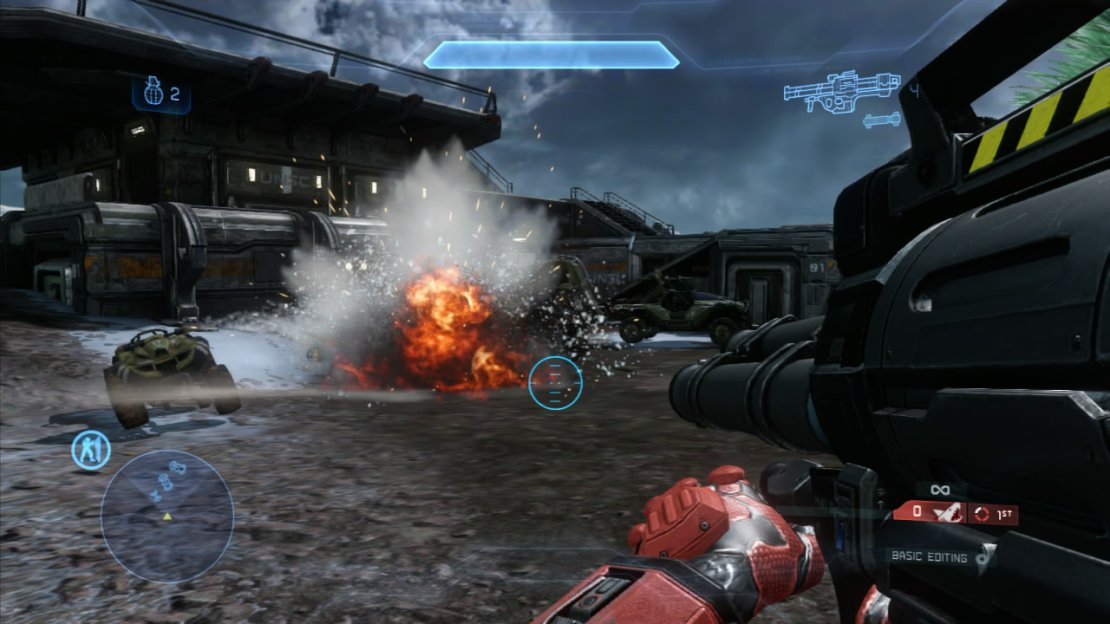 The rocket launcher returns essentially unchanged from Halo: Reach. It holds two rockets in its double barrel. They are fairly slow moving by projectile standards but cause a great deal of damage at the impact as well as additional splash damage to surrounding areas. Highly effective against vehicles and infantry (Much more accurate when aimed for the feet of the latter).