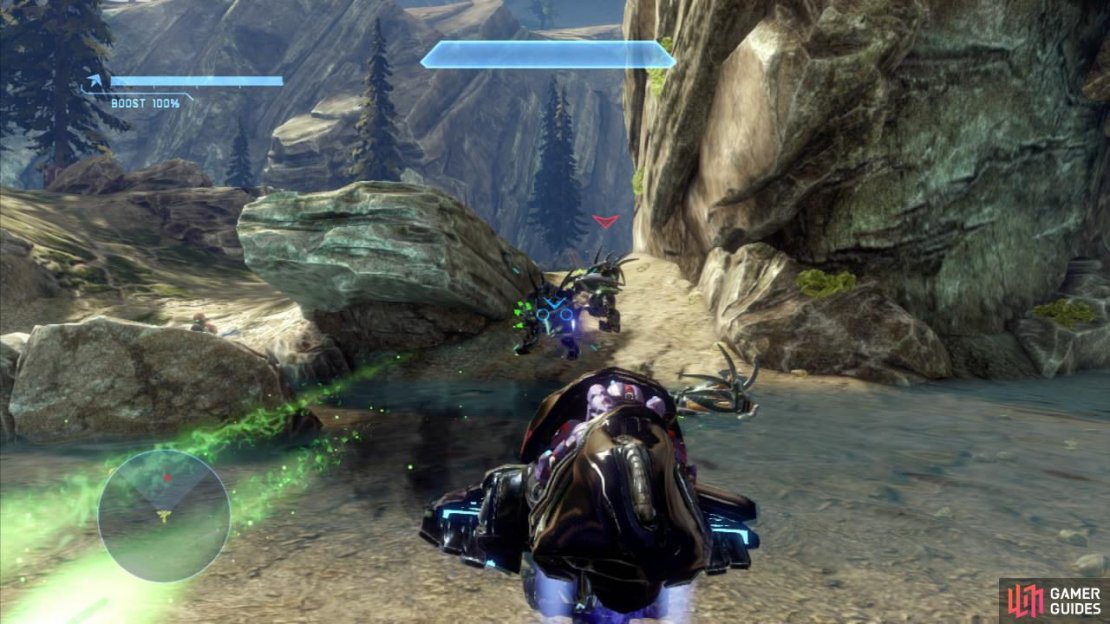 The next part of the level is essentially a survival mode and you will have to pretty much kill all of the enemy combatants to proceed. They come in a couple of waves as such: 1. A phantom will appear back at the starting location and drop of a wraith for you to deal with. 2. Soon after this another drop pod will unleash a large group of grunts and jackals just in front of the starting tower. 3. A second drop pod will now appear on the left side of the map near the wall. 4. A phantom will appear and drop off troops in the same location as the drop pod above. A short scene will play showing some pelicans coming into the area to drop off some mantis mechs for you to pilot. Huzzah! Grab one of these to continue in your defense of the area.