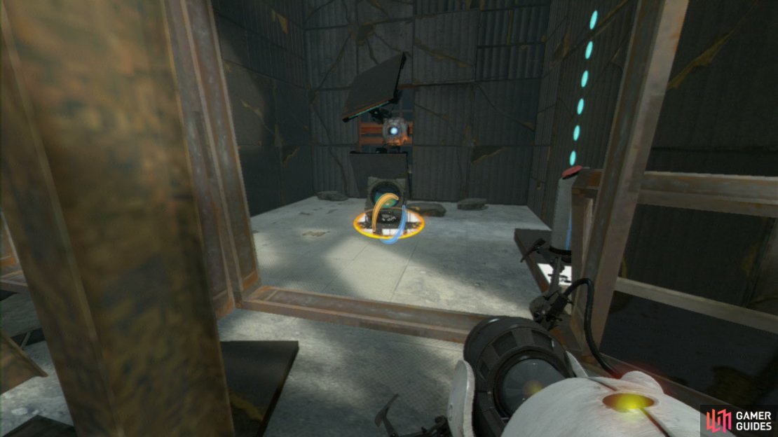 Look for the Displacement Cube and drop your second portal right underneath it so it falls out of your first portal (by the laser).