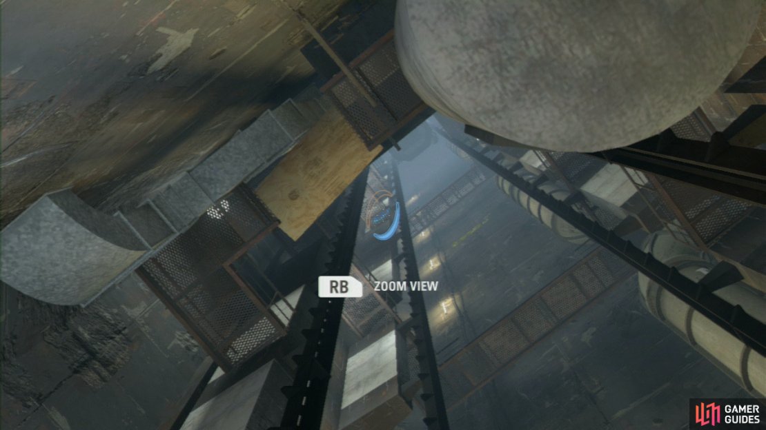 As you approach the edge of the elevator shaft, zoom up and to the left, you&rsquo;ll want to place this portal just above the second walkway you can see. Now set the entrance portal on the wall just over to your right.