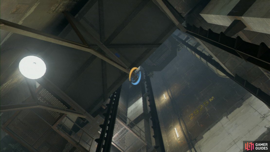 You&rsquo;ll land on the walkway, so once you&rsquo;re halfway around it, once again zoom up and to the left, there&rsquo;s a wall panel just under the bottom of the elevator that can be shot (see screenshot above for exact location).