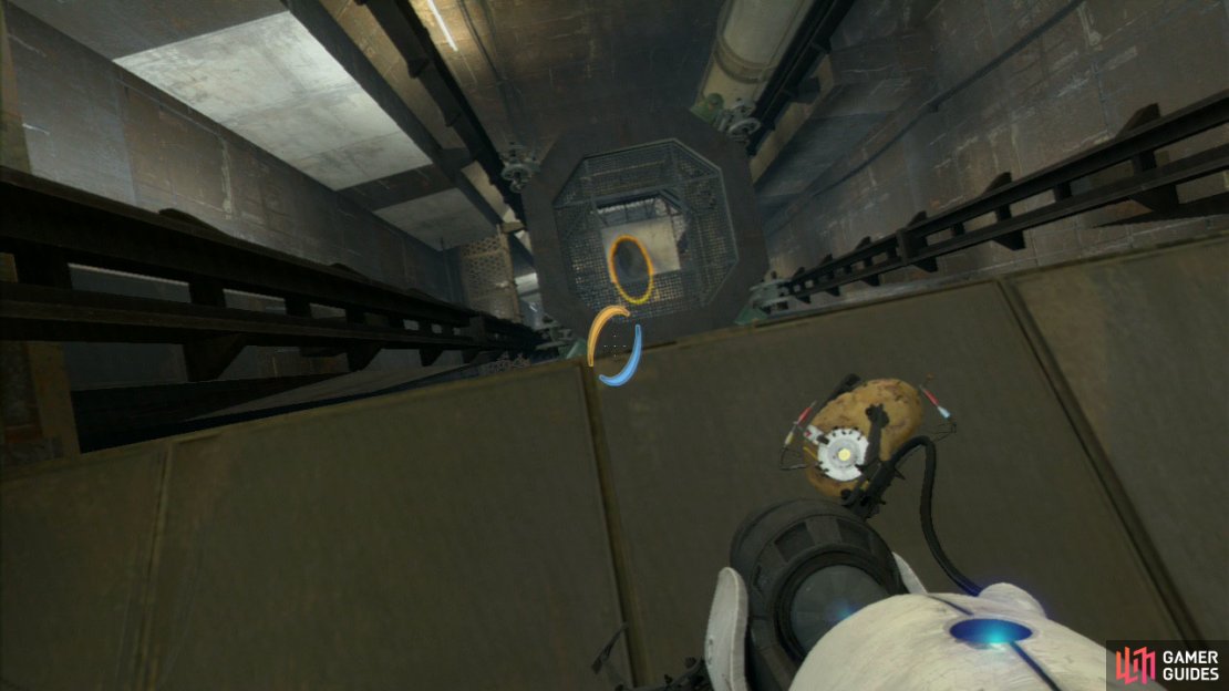 Set your exit portal on the white patch on the ledge, and peer back over towards the portal that should still be in the floor of the elevator. Fall down and into the portal and as you&rsquo;re ascending look out for the angled wall panel directly opposite the exit. Set your exit portal here.