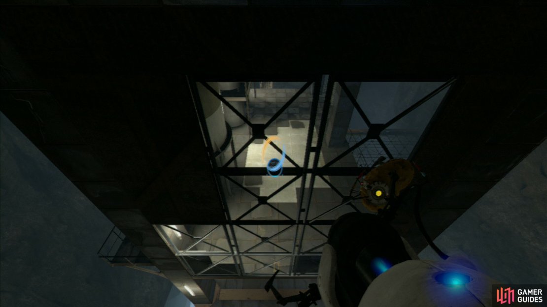 Shoot a portal into the floor, and as you fall, place a portal by your feet. You can now step into the top portion of the room.