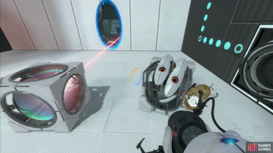 Set the Displacement Cube down in front of the laser beam, fire a portal into the wall where the beam is now hitting and grab the Experimental Cube. Jump through the portal with the Cube in tow and set it down on the chequered floor panel on the upper floor.