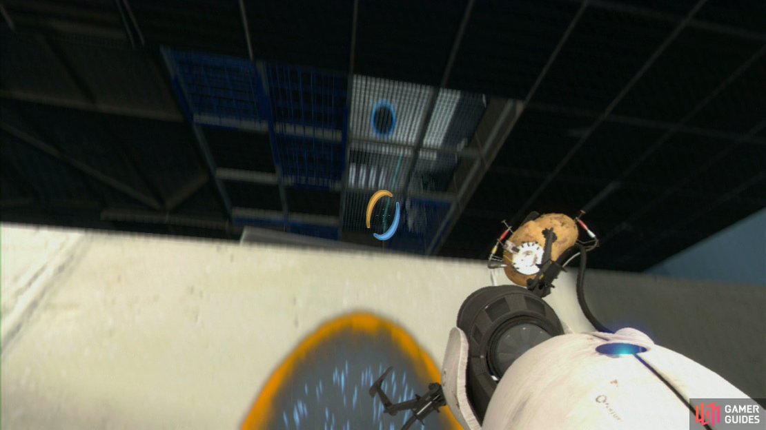 Once the large test chamber has slid into position, get a portal straight ahead of you and look up into the bottom of the chamber itself. There&rsquo;s a space on the ceiling here where you can lay a portal. Do that and then step through into the &ldquo;death trap&rdquo;.