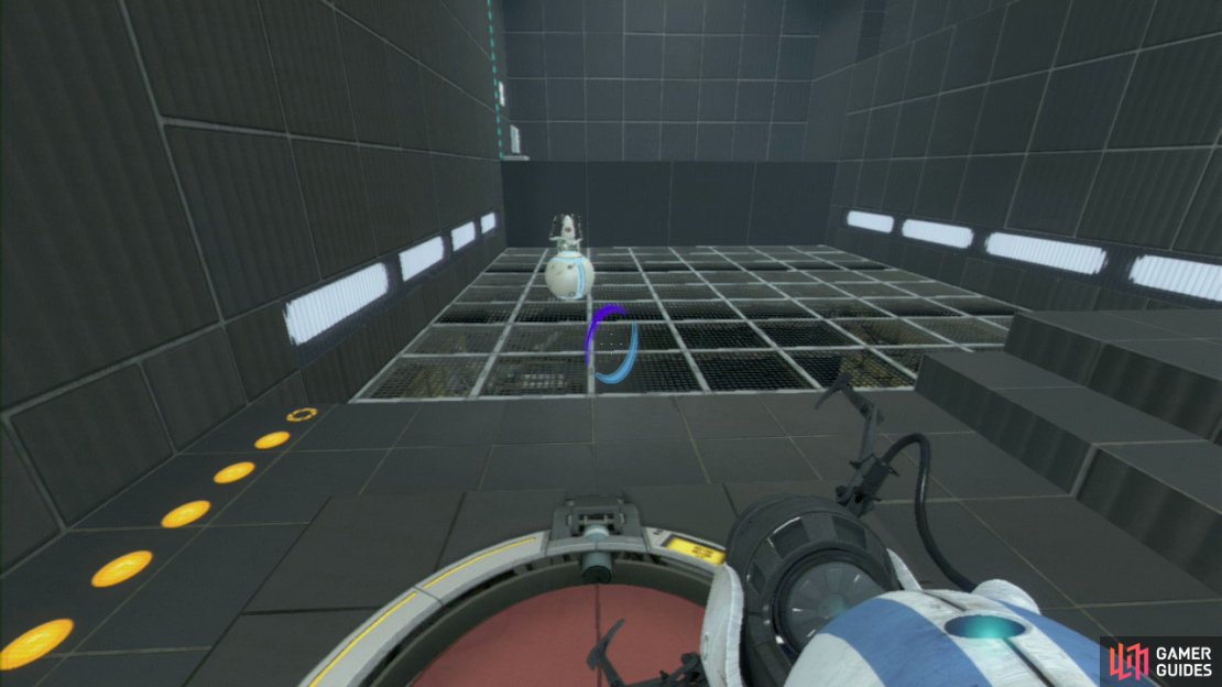 Player 1: Wait until player 2 has crossed the bridge fully before stepping off the red switch. Now get a portal on the nearby wall and one up on the wall leading near the entrance/exit.  Both of you should step through and the weight needs to be dropped in it’s appropriate place to open up the exit.