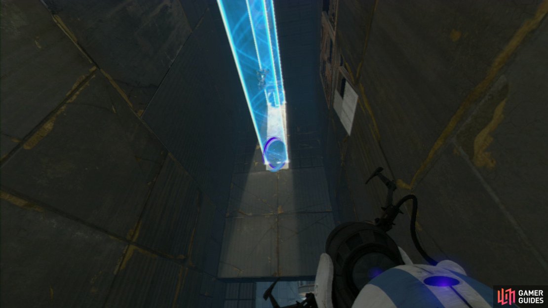 Player 1: Ignore the Arial Faith Plate on the ground for now, instead set a portal on the wall where the permanent light bridge is. Now ask player 2 to stand on the Faith Plate and as they&rsquo;re soaring upwards, fire a second portal on a lower part of the wall below player 2. This&rsquo;ll create a platform for them to run up to the permanent part of the light bridge.