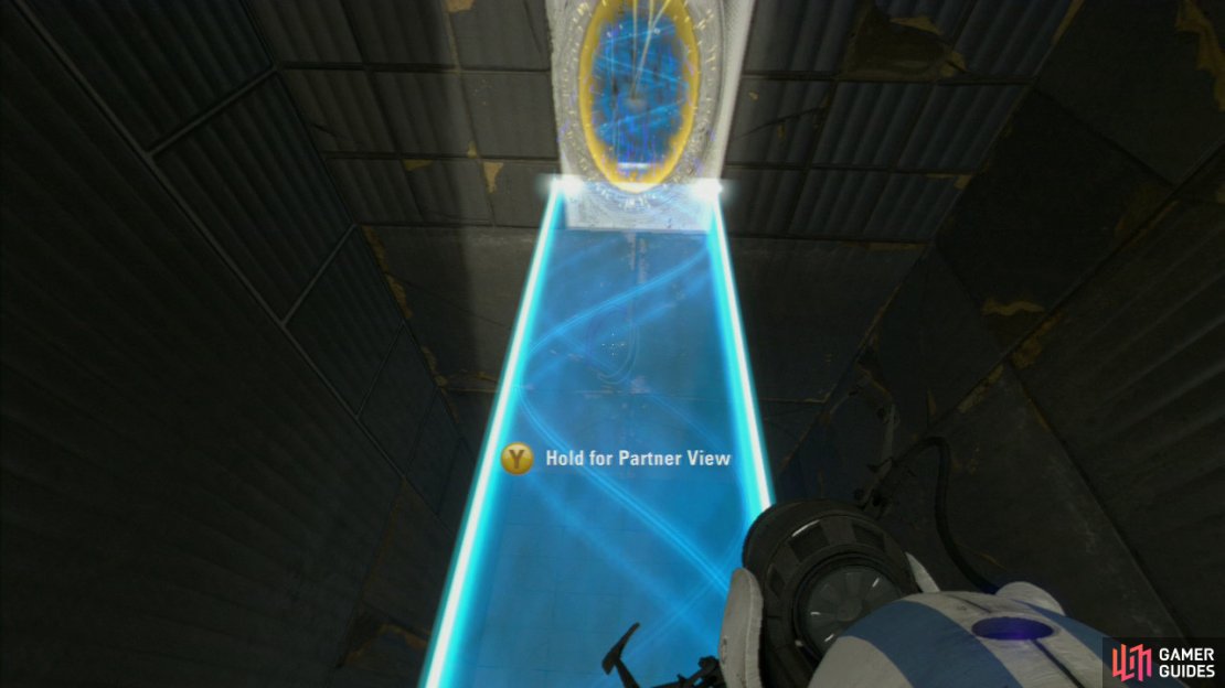 Player 2: Swap out player 1&rsquo;s portal with your own at the top and then ask player 1 to stand on the Faith Plate. Just like they did with you, you need to fire an exit portal on the lower portion of the wall, so the light bridge extends underneath them.  Once player one has joined you at the top, look behind you for the slanted wall panel up in the distance and fire a portal up here. Now have your second portal positioned at the end of the light bridge you&rsquo;re both currently on and this&rsquo;ll create a walkway.