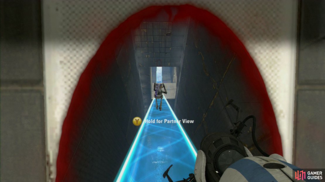 Player 1: Follow player 2 through their portals and you&rsquo;ll run down the angled walkway and onto the platform that leads to the second half of this test chamber.
