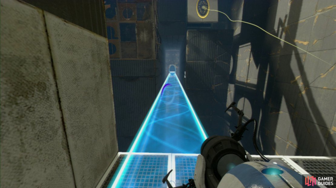 Player 1: Look into the distance to your right and past the angled wall panel there&rsquo;s a shoot-able wall panel right at the back of the chamber. Get your light bridge to come out of here and it&rsquo;ll extend to where you are now.