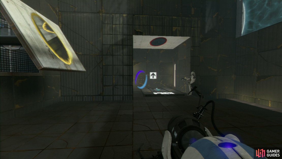 Player 2: Whilst player 1 is preparing the light bridges for you, you need to set a portal on the angled wall panel to your left and then directly above the Arial Faith Plate. Hit the Faith Plate and you’ll land in the square area just above player 1.  Fire a portal at the slanted wall in here and then drop down onto the light bridge platform player 1 created for you earlier. Now set an entrance portal back above the Faith Plate before stepping on it. This’ll send you flying across the water towards the upper ledge on the far right of the room. Once you’ve landed, you need to set a portal on the angled wall panel up here.