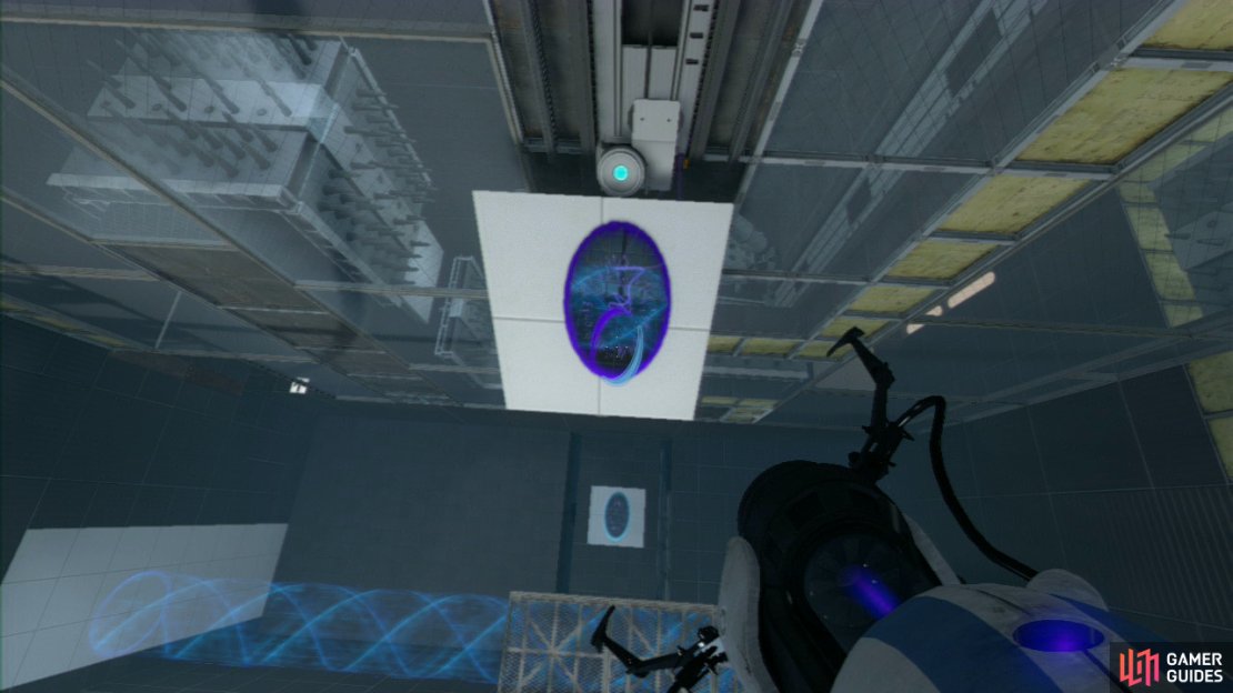Player 1: Now set a portal on the wall to your immediate left (where the main funnel is travelling into) and this&rsquo;ll recreate a funnel going upwards from the ground. Jump into the funnel and simply sit still until you reach the ceiling. Now fire a portal at the angled wall panel below you and as you are dropping down. The velocity will carry you over to the exit, where player 2 should have already sat the Cube in the switch, raising the stairwell to the exit.