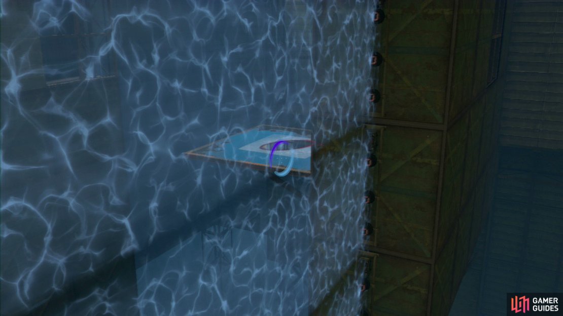 Player 2: Once you’re on the ledge, turn back around and place a portal on the single wall panel located directly below the repulsion gel dispenser. Now run back around to where your buddy is and look for the single horizontal wall panel that’s hanging down above the main light bridge. Get a portal on this and ask player 1 to press the red button again.