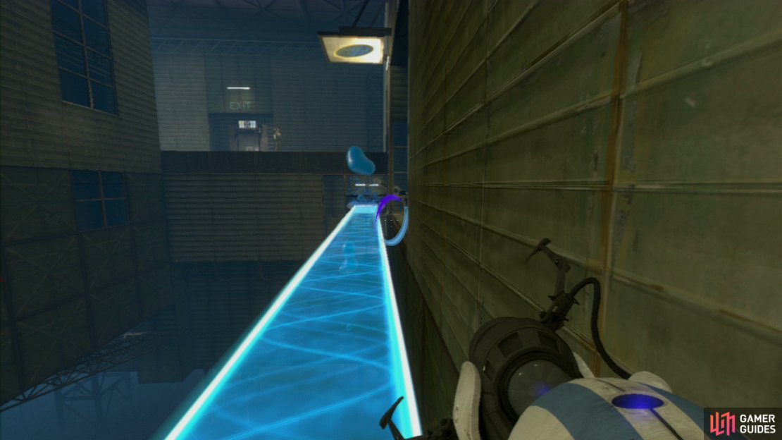 Player 1: With the light bridge now coated in the gel, use it to jump up to the ledge with player 2 and make your way to the exit.