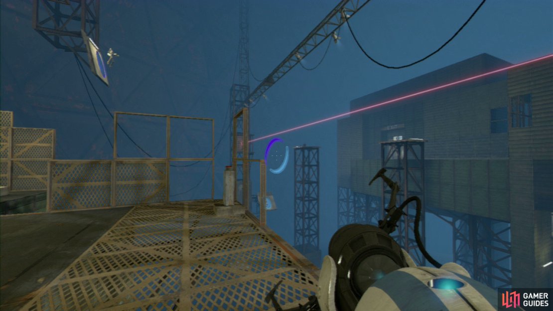 Player 1: Before player 2 descends back into the portal they came out of, place a second portal on the other square panel so your friend sails up to the laser beam again, allowing them to redirect the laser beam into the second set of turrets.  Your next task is to turn to your left and look for the angled wall panel up above you and place an exit portal here. If you’ve timed it right (unlike me in our video), your teammate will soar across to the exit door.  Once they have, get yourself over to the long angled platform covered in the orange propulsion gel and dash across the ramp towards the angled wall panel ahead.