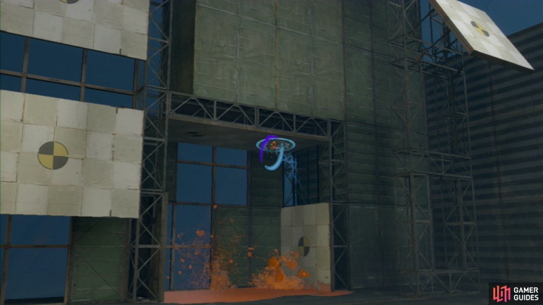 Player 1: This is a nice and simple challenge before the final co-op chamber. As soon as you enter the room, look to your left for a little rectangular area, which has a shoot-able ceiling and walls (but not a shoot-able floor). Place a portal on the ceiling section, go to the propulsion gel dispenser, set a portal here and use the button to release the gel. You’ll want to reposition the portal halfway through so it coats the whole of the floor. Player 2: Once there’s enough gel on the floor, create an ‘infinite loop’ portal and keep running!