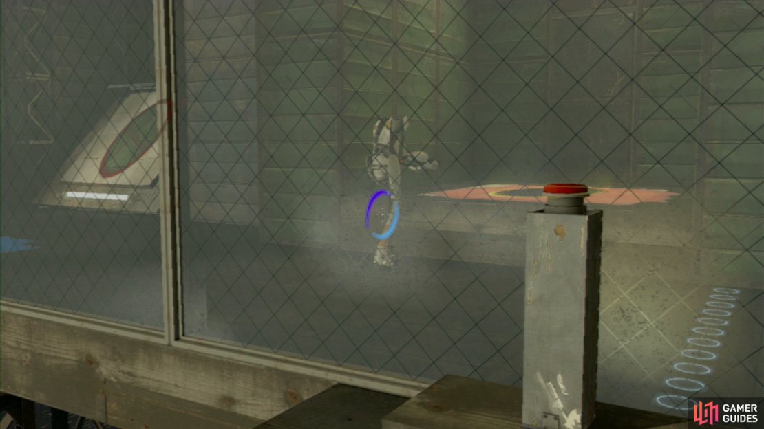 Player 2: As soon as the turret is taken care of, use the blue gel to bounce across to other side of the room and set a portal on the angled wall panel and directly underneath the propulsion gel dispenser.