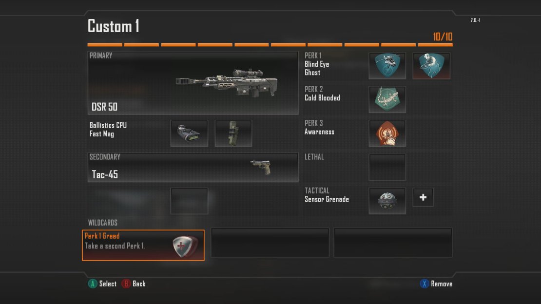 Primary Weapon > DSR-50  Primary Attachment > Ballistics CPU + Fast Mag  Secondary Weapon > Your Choice!  Secondary Attachment > None.  Lethal > Bouncing Betty OR Claymore  Tactical > Your choice!  Perk 1 > Blind Eye + Ghost  Perk 2 > Cold Blooded  Perk 3 > Awareness  Wildcard > Perk 1 Greed   Note: The sniper rifle listed is my favorite, but any one will do!  Note: This set up is great for sniping. The DSR-50 is perhaps the best of its class in the game and the fast mag and ballistic CPU attachments will help you with aiming whilst speeding up reloads. The perks ensure you will be harder to detect and can hear when enemy soldiers are approaching your position easier. The Claymore/Bouncing betty can be planted at the entrance to your vantage point to protect you from other players whilst you snipe away!