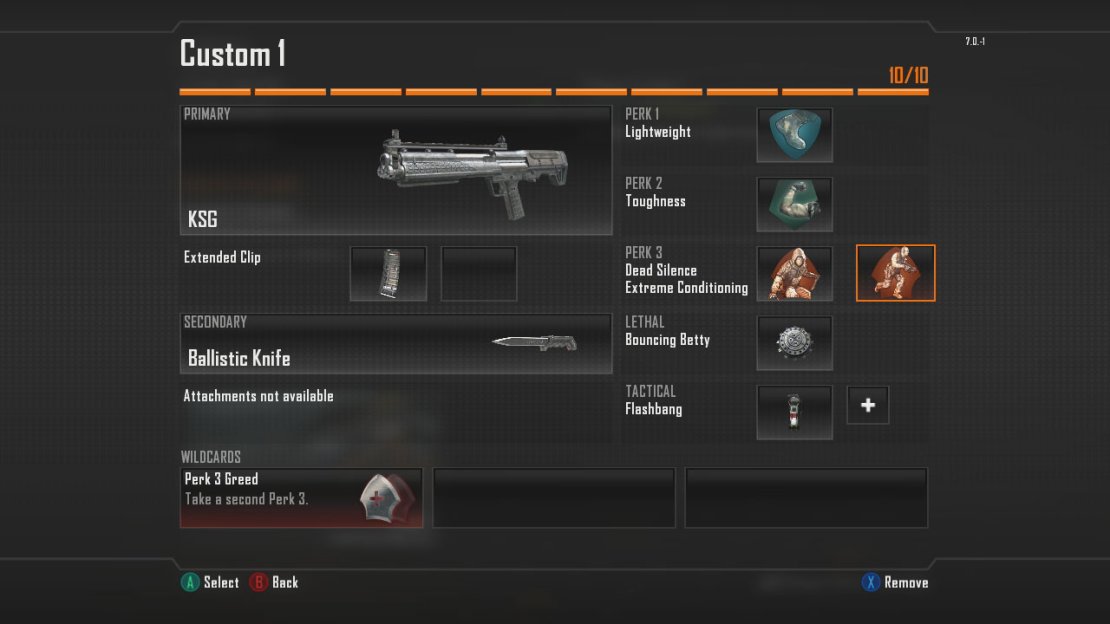 Short Range Primary Weapon > Vektor K10 (SMG) OR KSG (Shotgun) Primary Attachment > Extended Clip Secondary Weapon > Your Choice! Secondary Attachment > None. Lethal > Bouncing Betty OR Claymore Tactical > Flashbang  Perk 1 > Lightweight Perk 2 > Toughness Perk 3 > Dead Silence + Extreme Conditioning Wildcard > Perk 3 Greed  Note: The shotgun/SMG listed are my favorites, but any one will do!  Note: This set up is perfect for sprinting through various areas to get in close and then unleasing the SMG/shotgun on enemy players. The grenades and flashbangs will help you out if you get in a tight spot, whilst the perks ensure you move silently, run for longer and can take a hit or two without flinching.  Short-Mid Range Primary Weapon > MSMC Primary Attachment > Long Barrel + Target Finder Secondary Weapon > Your Choice! Secondary Attachment > Your Choice! Lethal > Bouncing Betty OR Claymore Tactical > Flashbang  Perk 1 > Lightweight Perk 2 > Toughness Perk 3 > Extreme Conditioning Wildcard > None!  Note 1: The SMG listed is my favorite, but any one will do!  Note 2: This set up will give the SMG a slightly longer range, making it effective both up close and at a medium distance as well. he grenades and flashbangs will help you out if you get in a tight spot, whilst the perks ensure you move silently, run for longer and can take a hit or two without flinching.